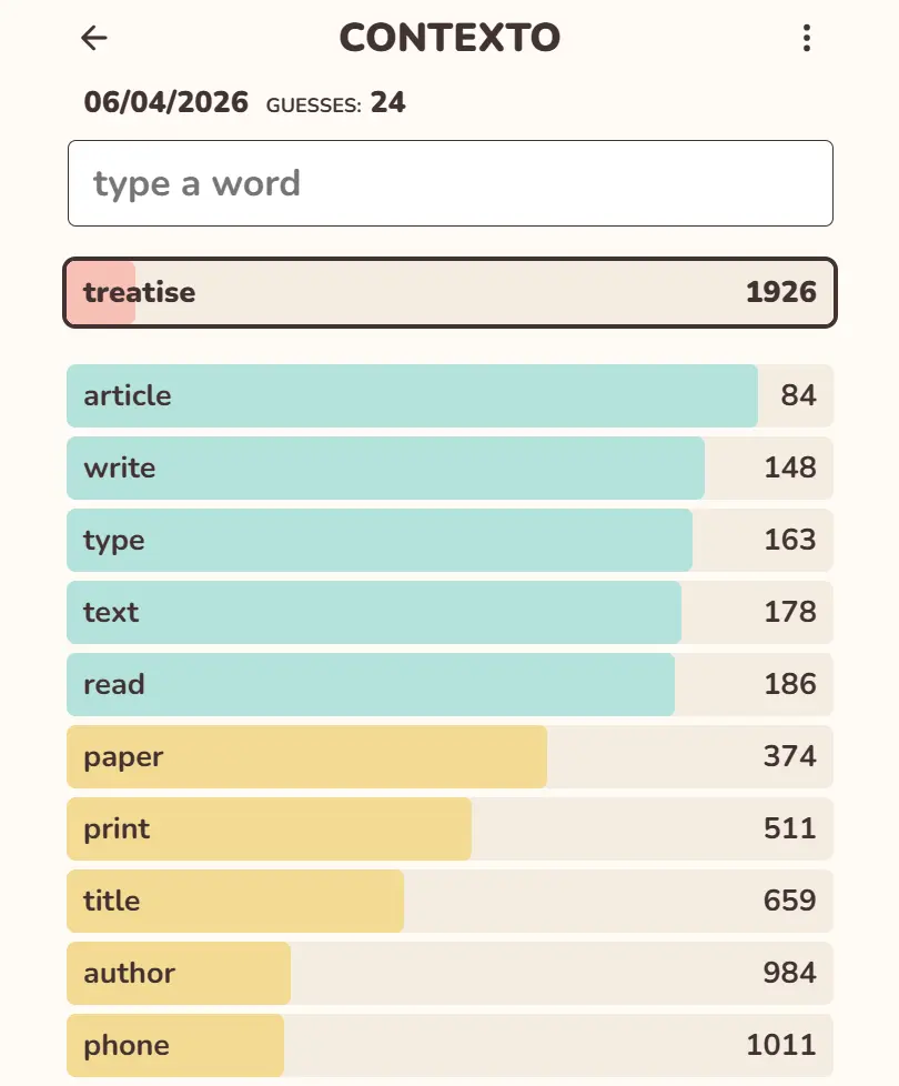 Contexto gameplay screenshot showing ranked word guesses
